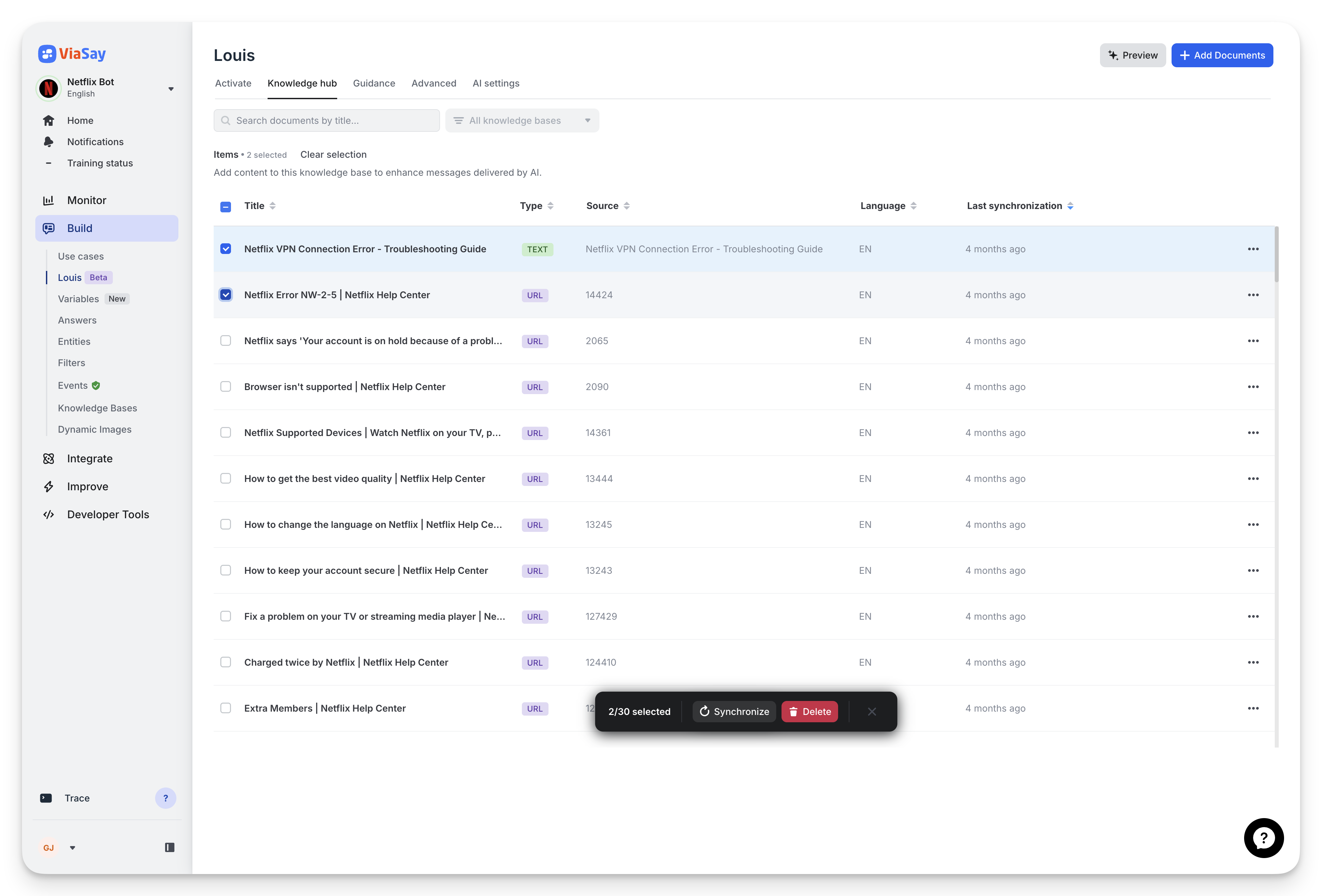 Knowledge Hub — bulk selection with Synchronize and Delete actions