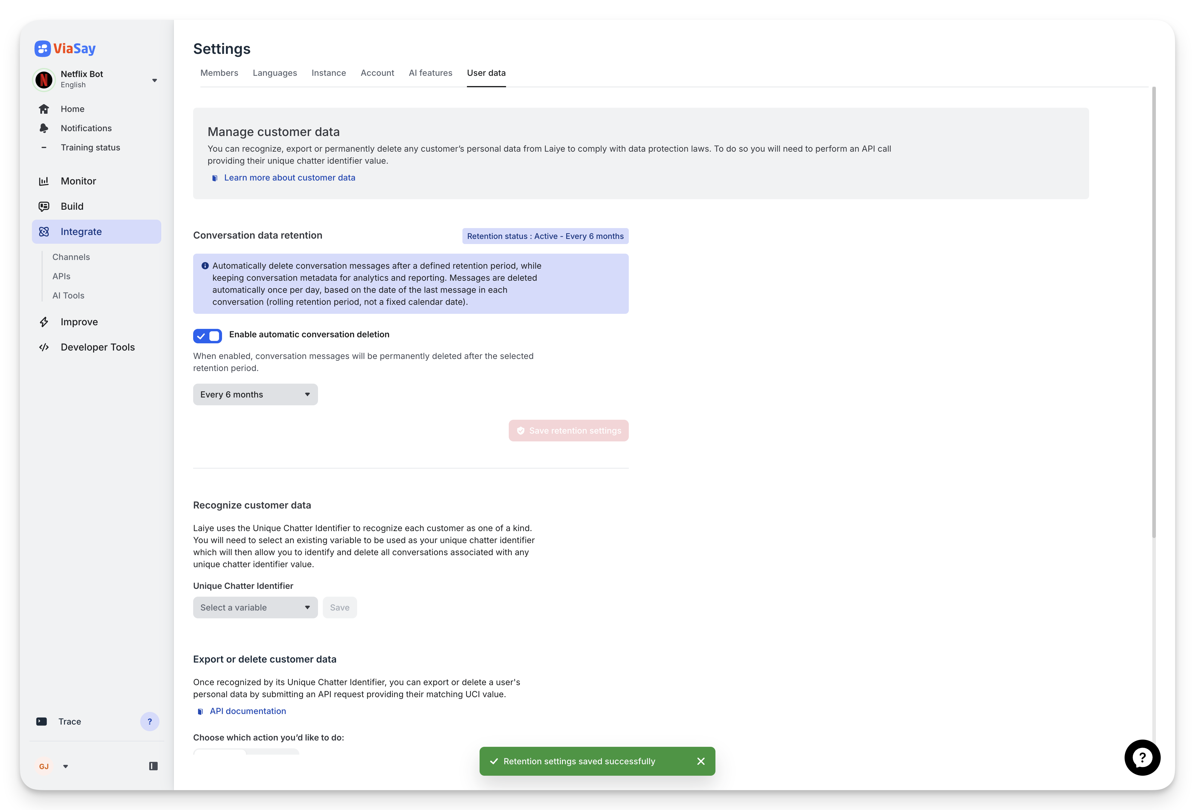 Retention settings saved