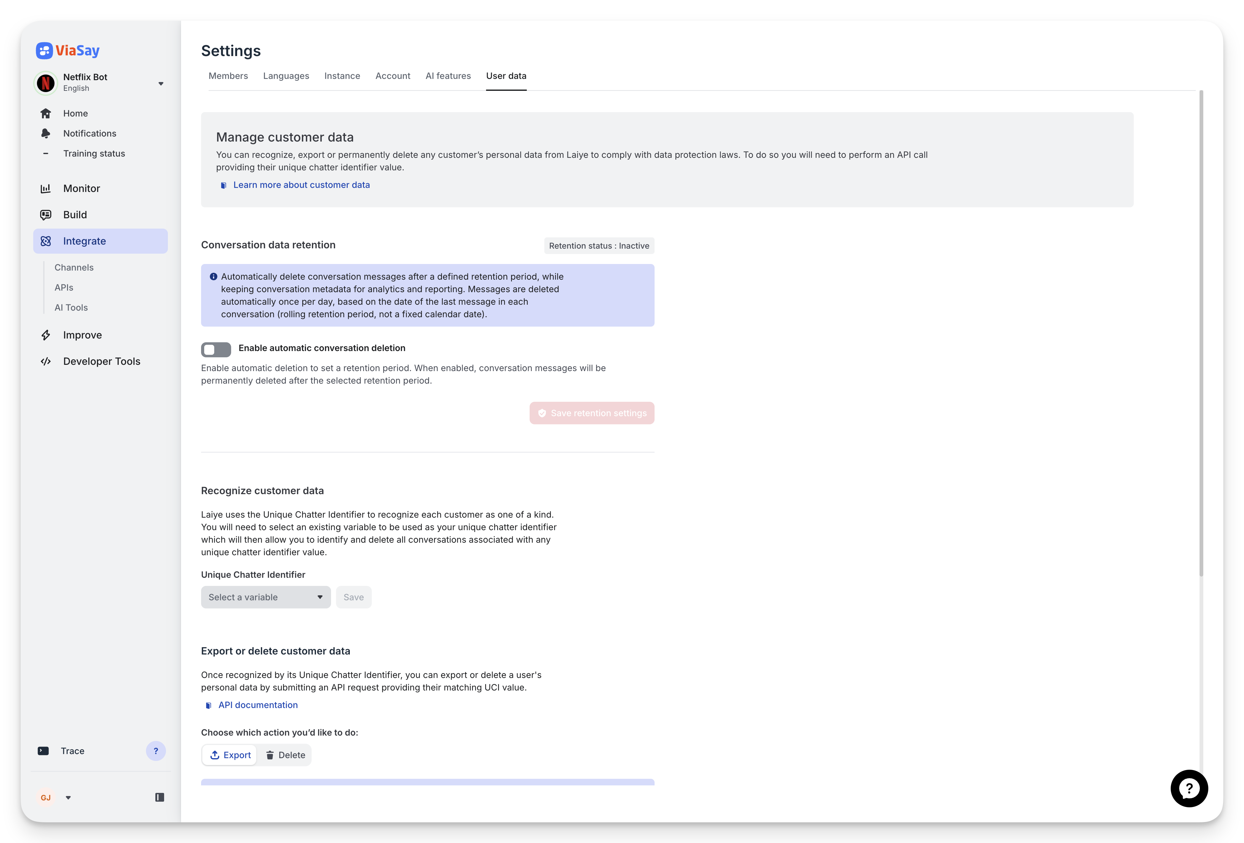 Conversation data retention — disabled