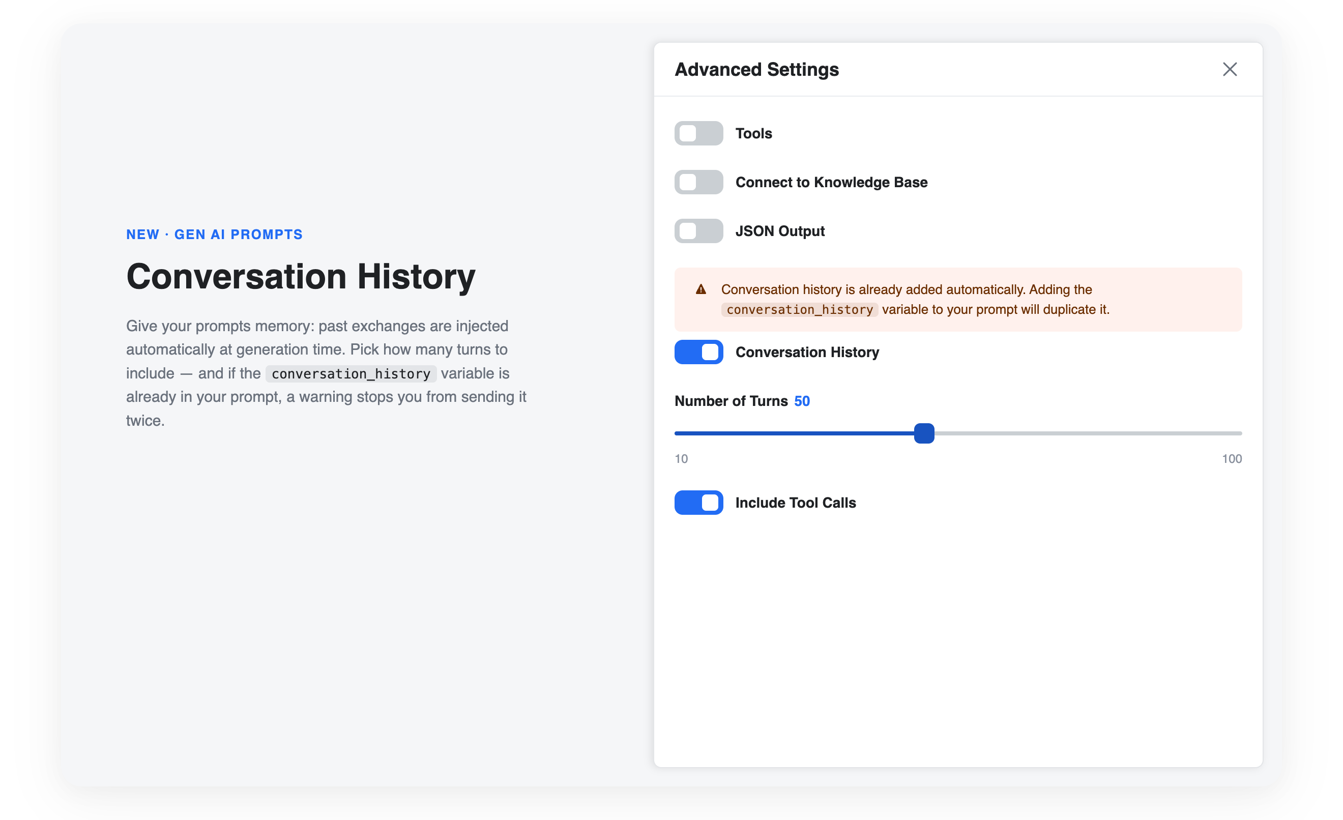 Conversation History in the Advanced Settings panel