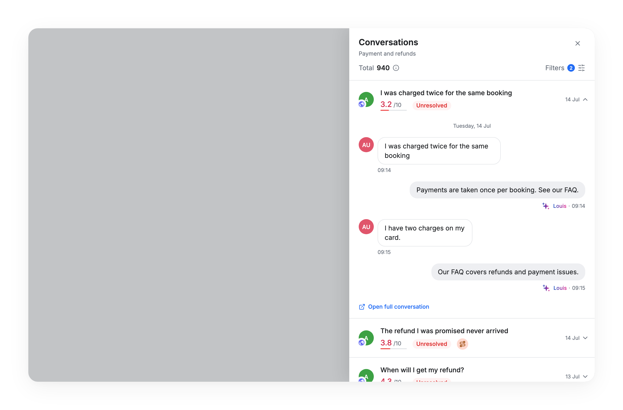 The conversations behind a number, pre-filtered on the topic you clicked