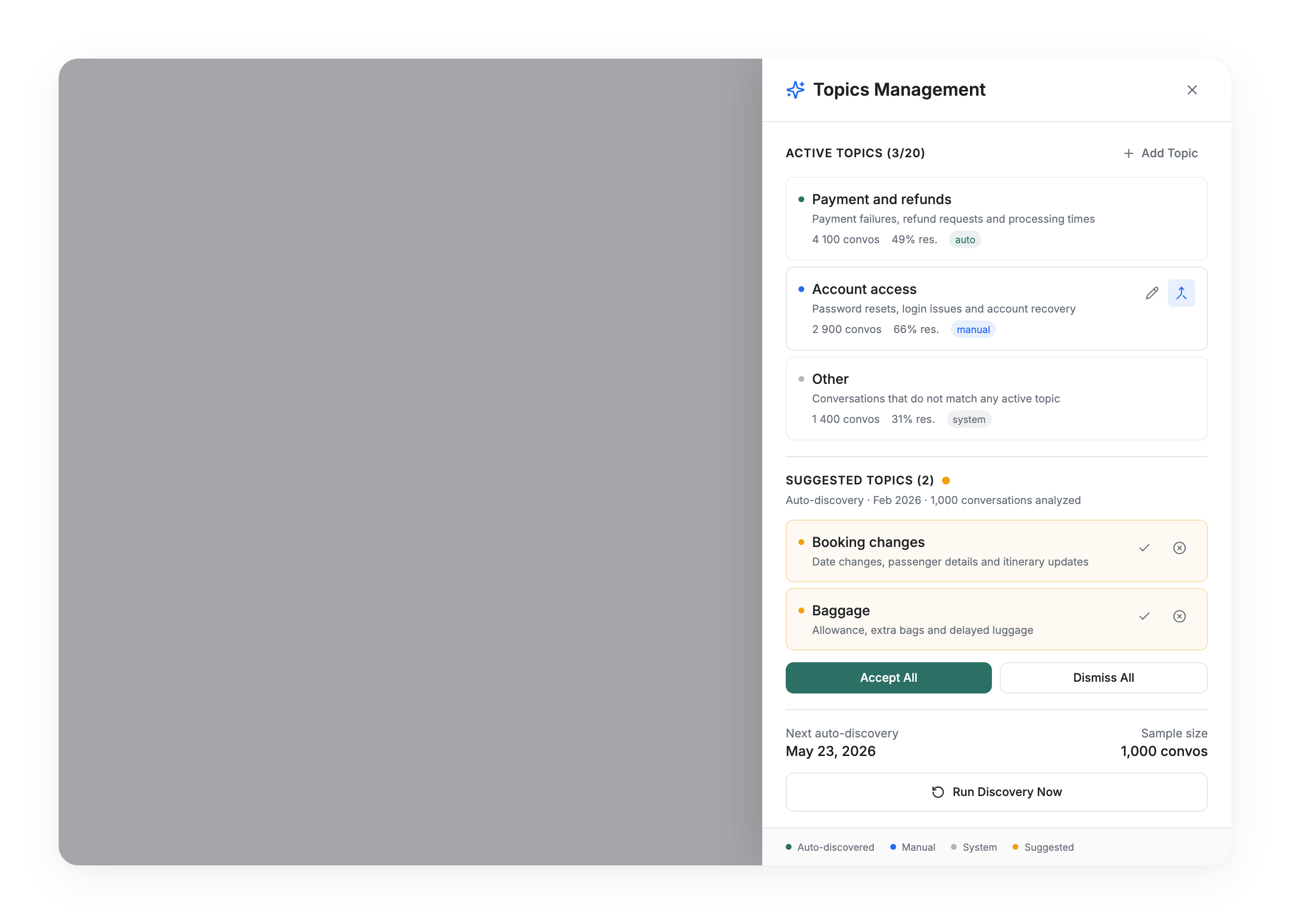Topics Management: active topics and AI suggestions awaiting approval
