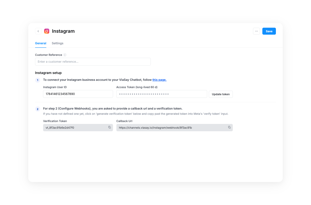 Instagram setup — connect your business account from the General tab