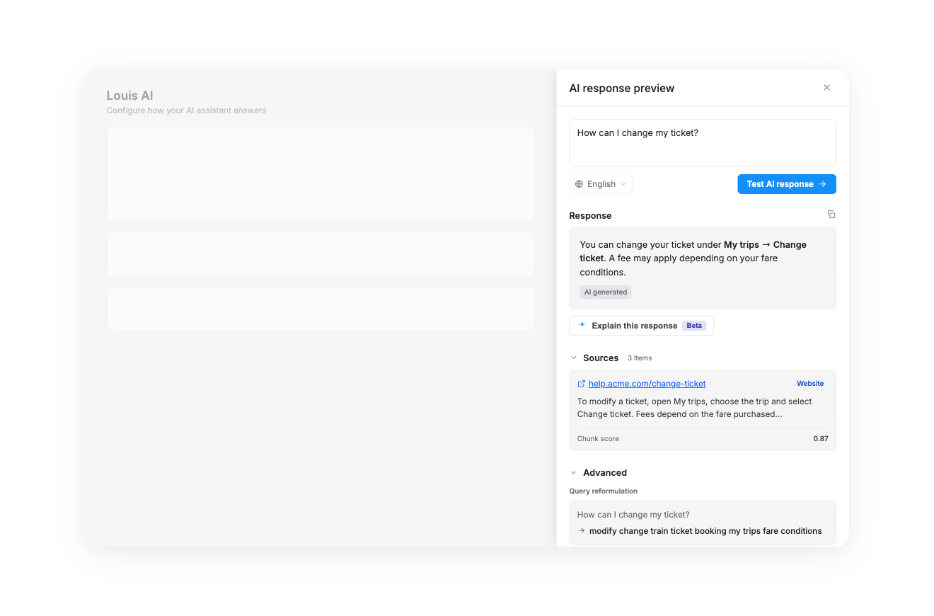 The AI preview side panel with the assistant's response and sources