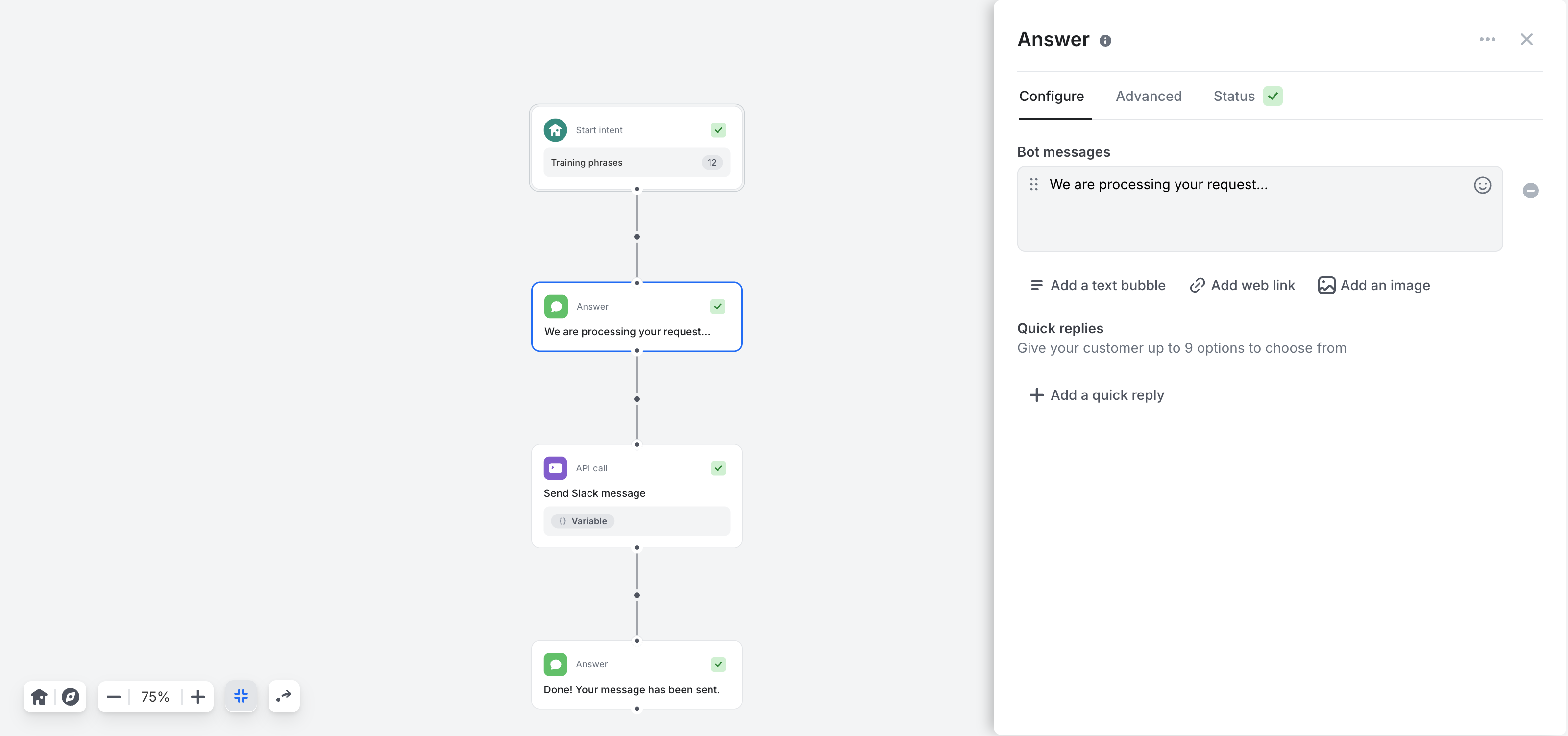 An Answer step chaining directly into the next steps, with no quick replies