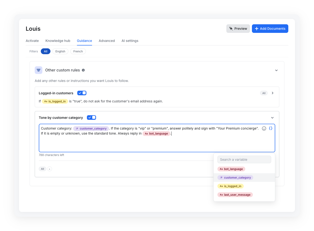 A guidance rule with variables inserted, and the variable picker open