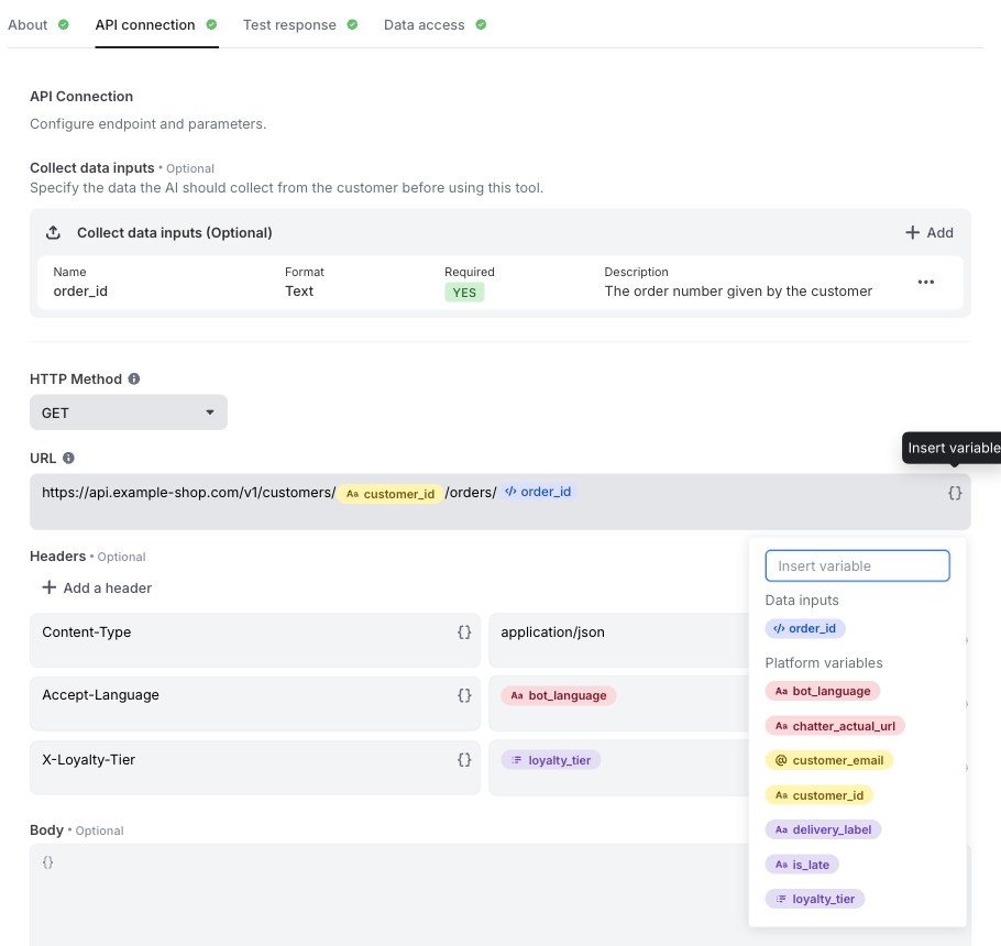 The variable picker of an AI tool, with the new Platform variables group