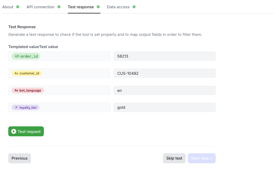 Test values for a data input and three platform variables