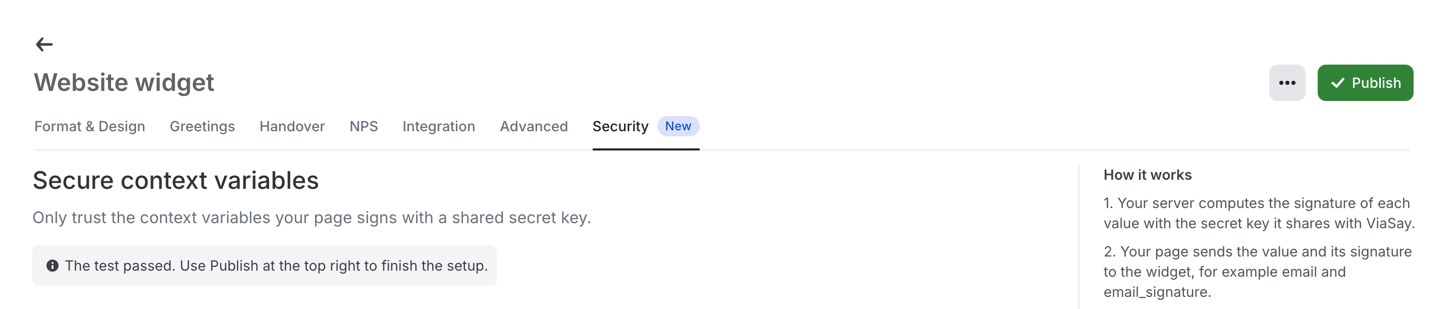 The test passed: Publish, at the top right, applies the configuration.