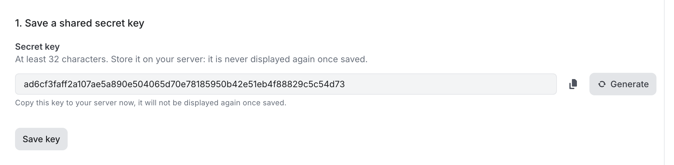 A generated key, ready to be copied to your server before saving.