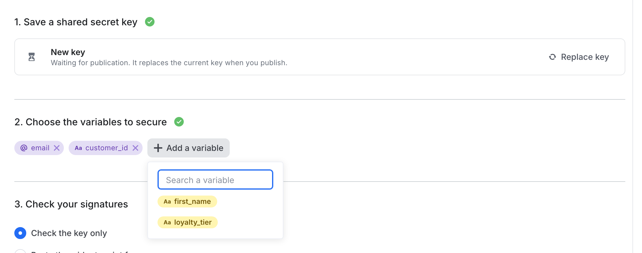 email and customer_id are secured. The other user channel variables stay available in the list.