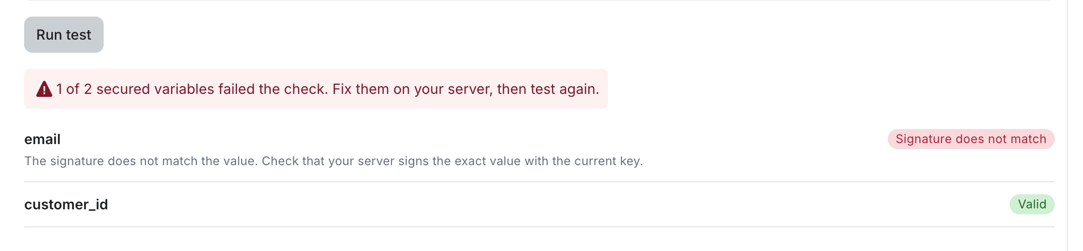 The email was changed after signing, so its signature no longer matches.