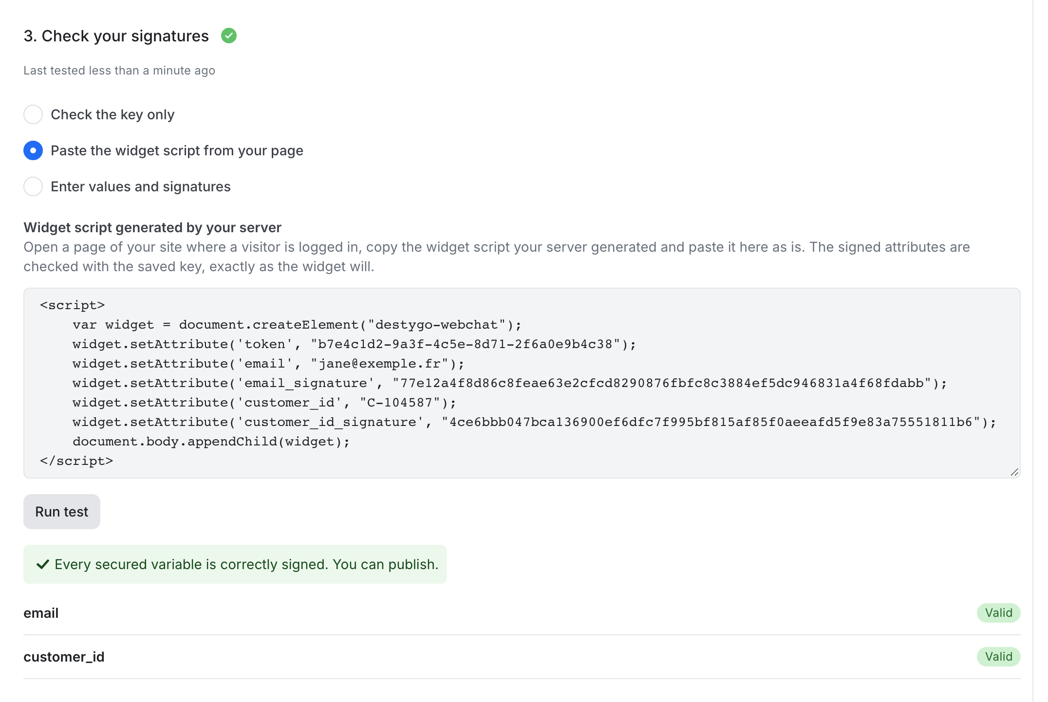 A test passed in the Security tab: every secured variable is correctly signed