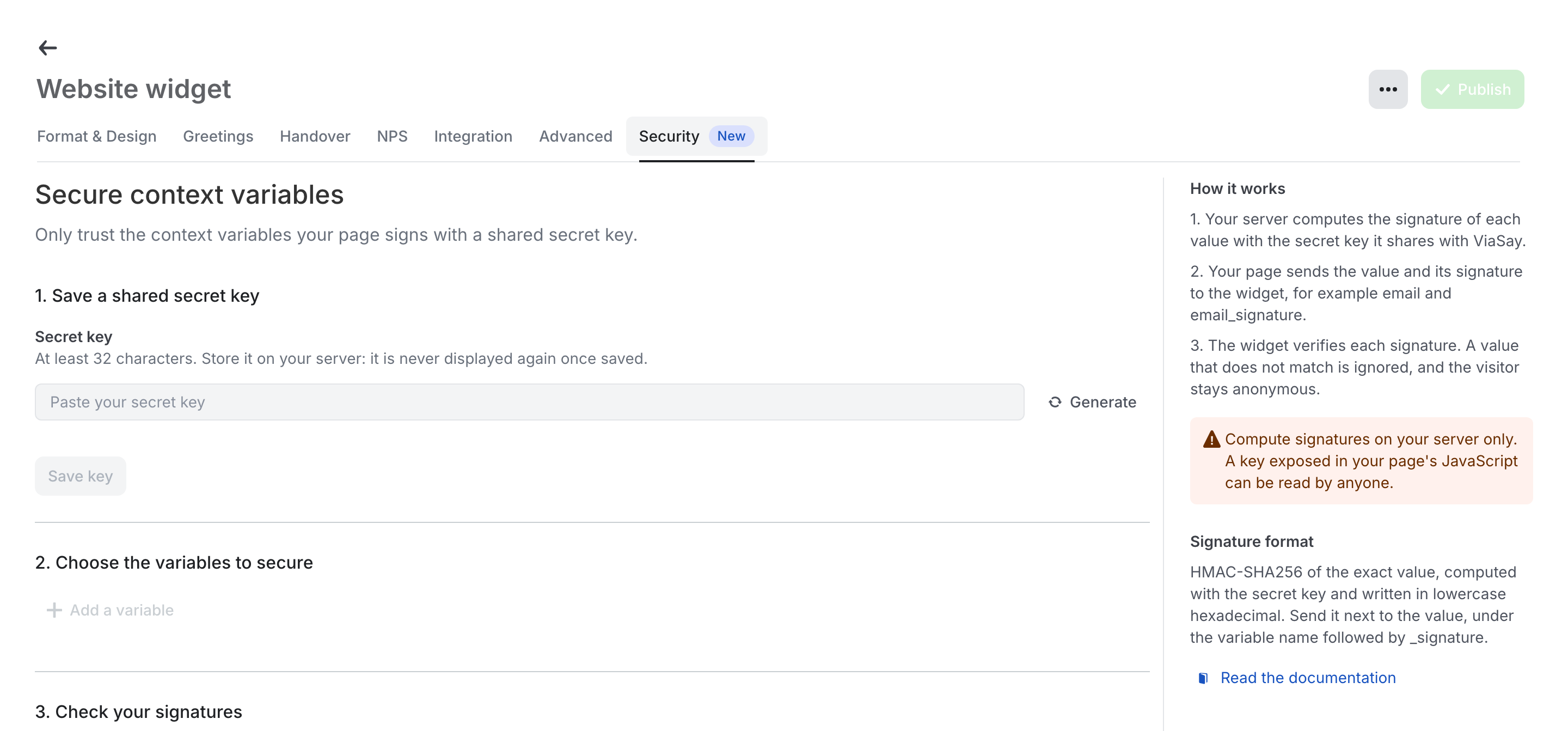 The Security tab of a widget channel, with the guide on the right.