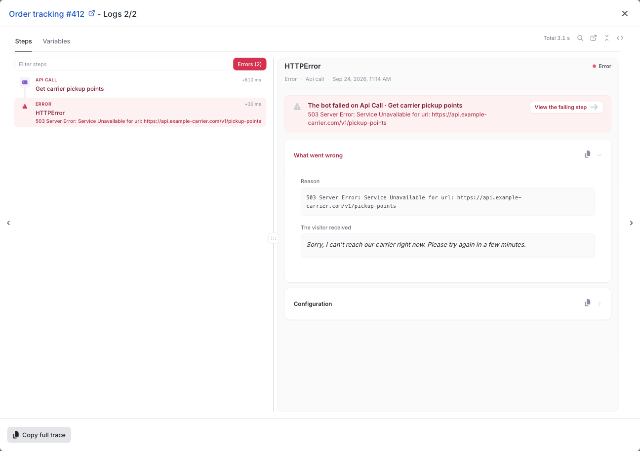 The Errors filter, the banner naming the failing step, and what the visitor received