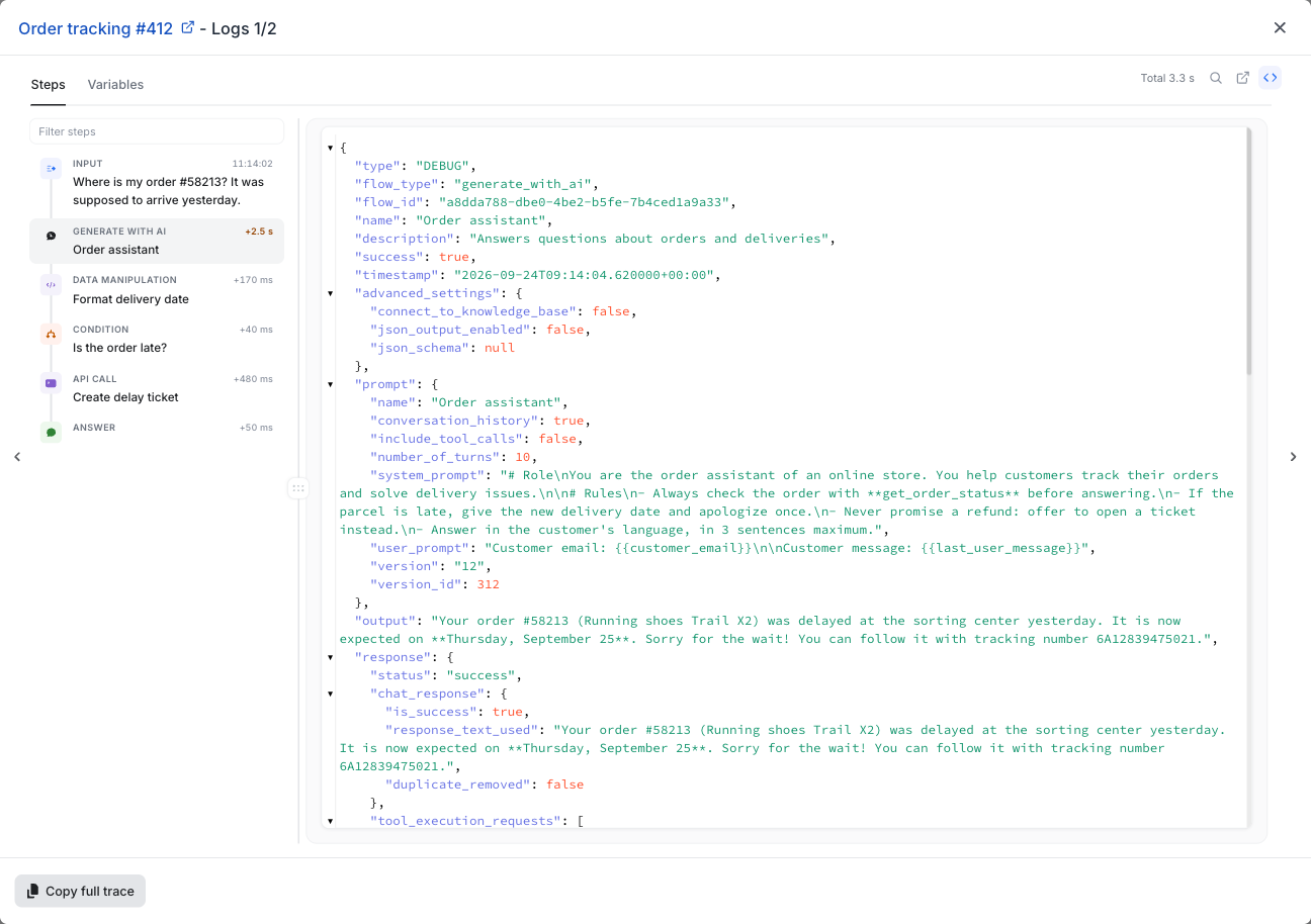 The raw JSON view of a step