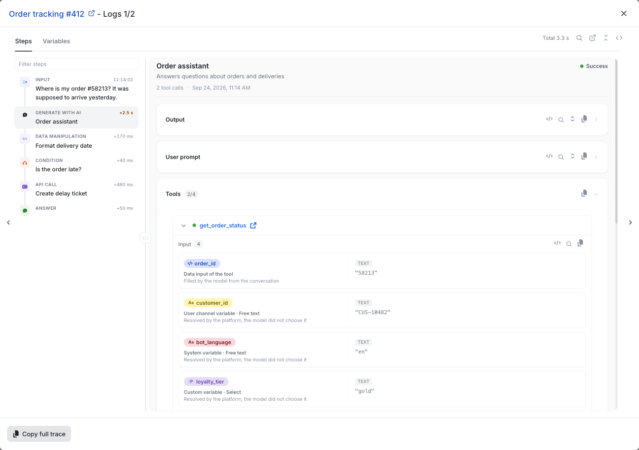 A tool call in the trace: order_id filled by the AI, customer_id, bot_language and loyalty_tier resolved by the platform