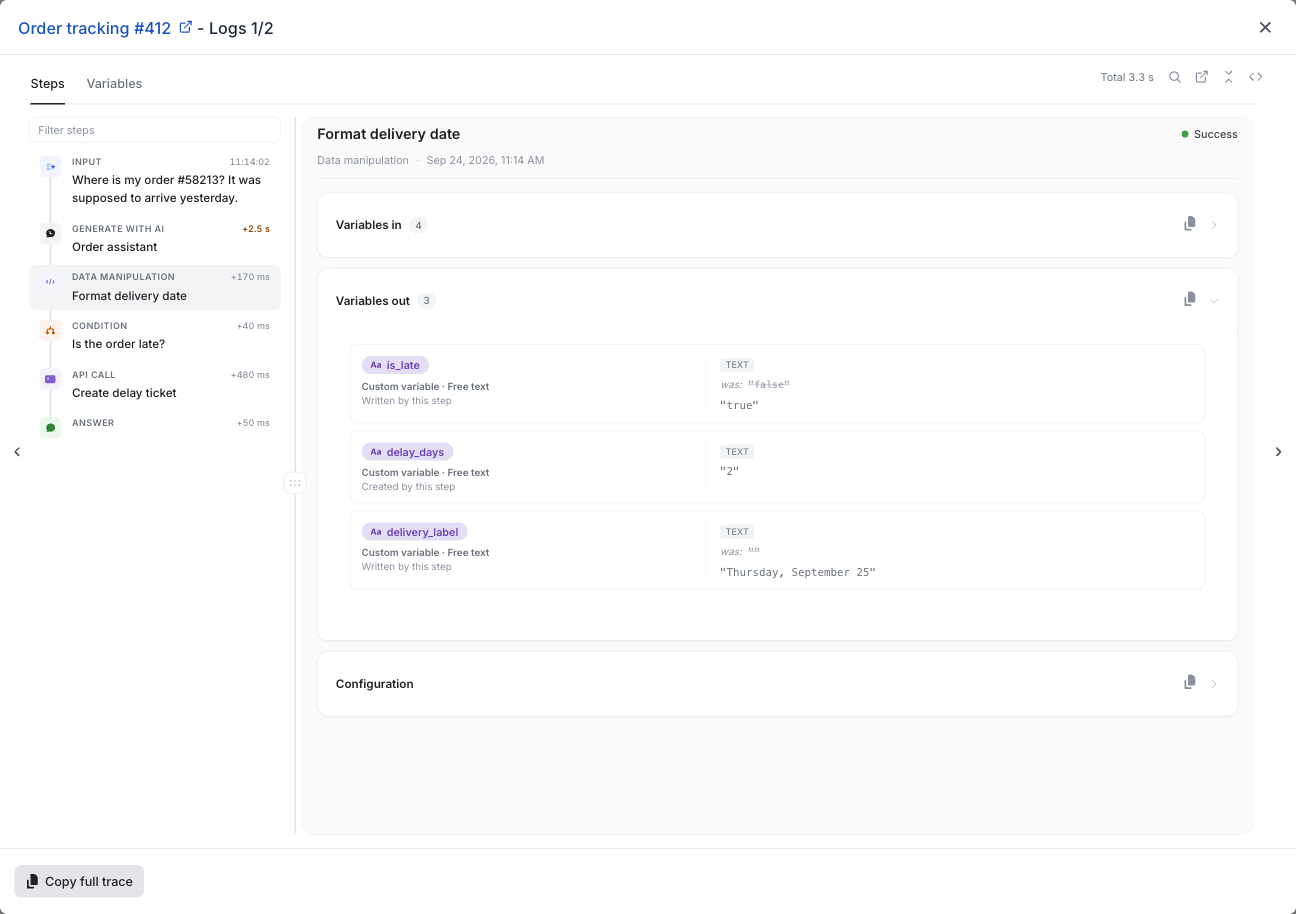 The variables written by a Data manipulation step, with their previous value