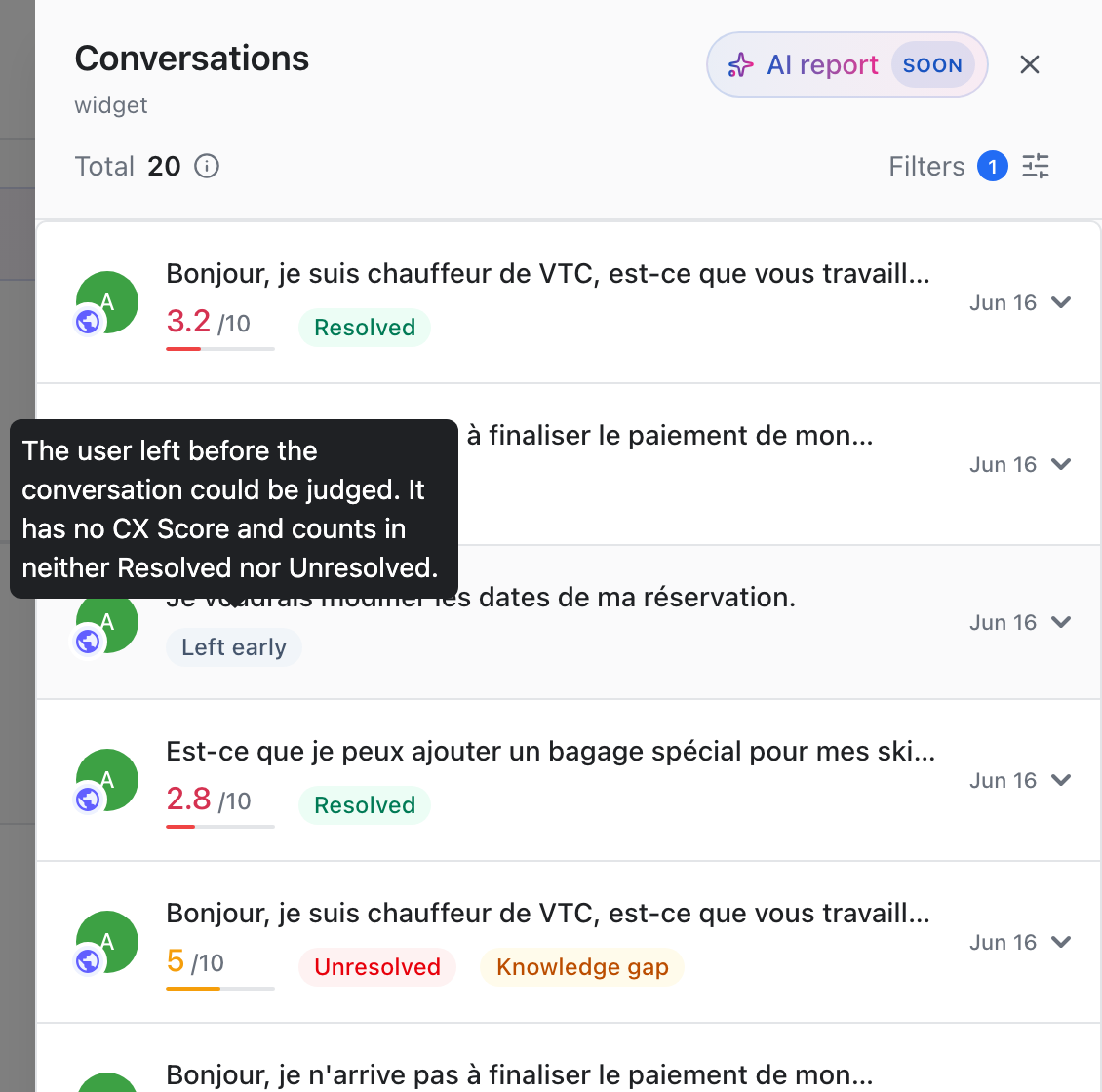 Hovering a Left early tag in the conversations panel