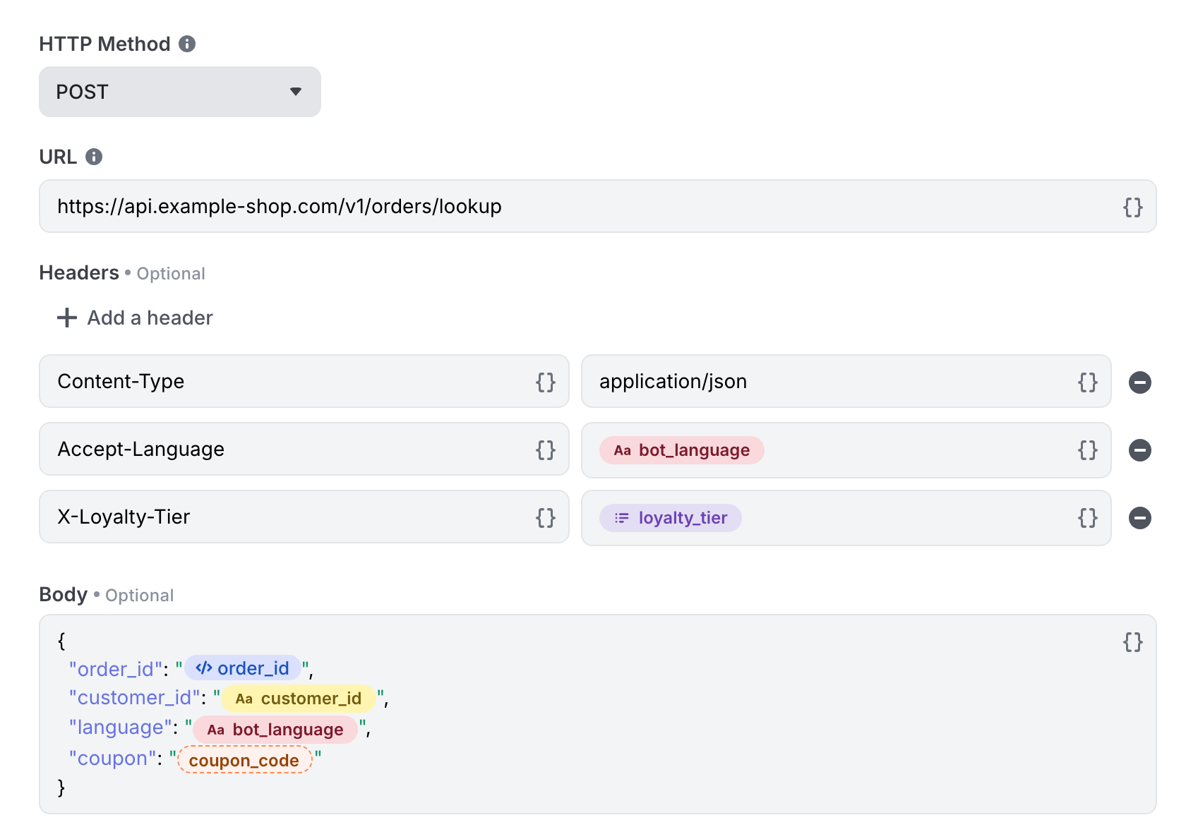 A JSON body pasted into the API connection step, with its variables shown as badges