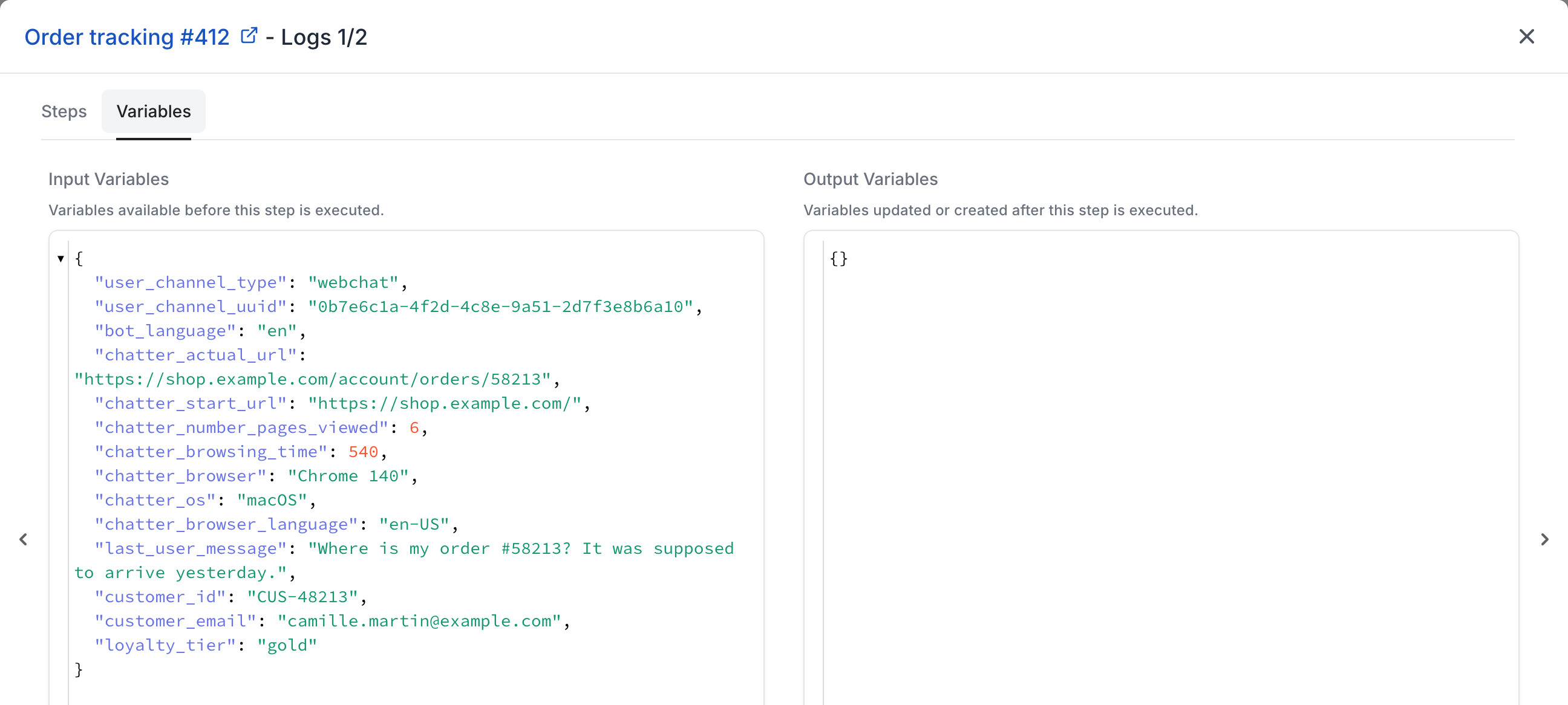The Variables tab of a trace, with the user channel variables next to the system variables