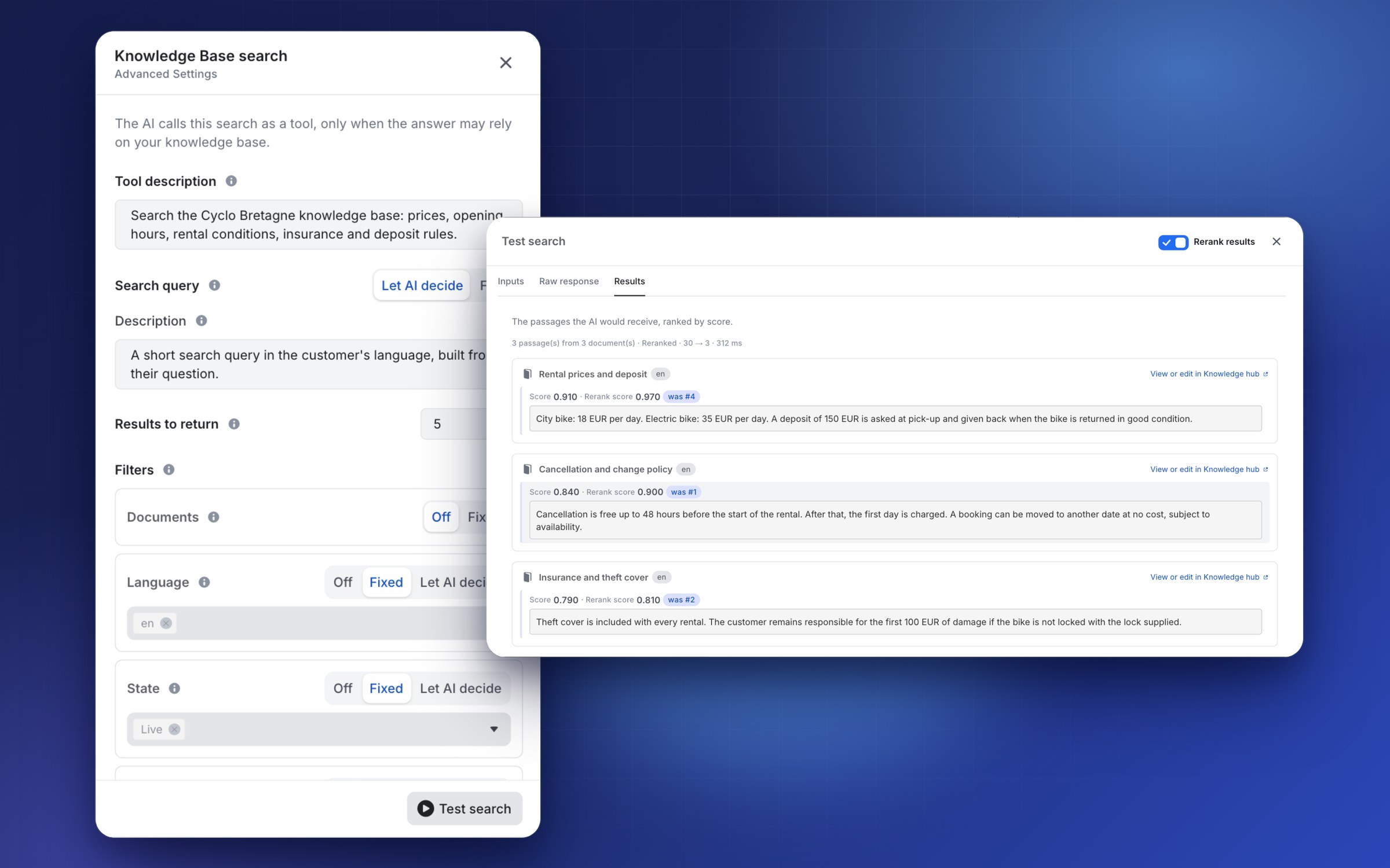 The Knowledge Base search panel and its test results, with scores and reranking