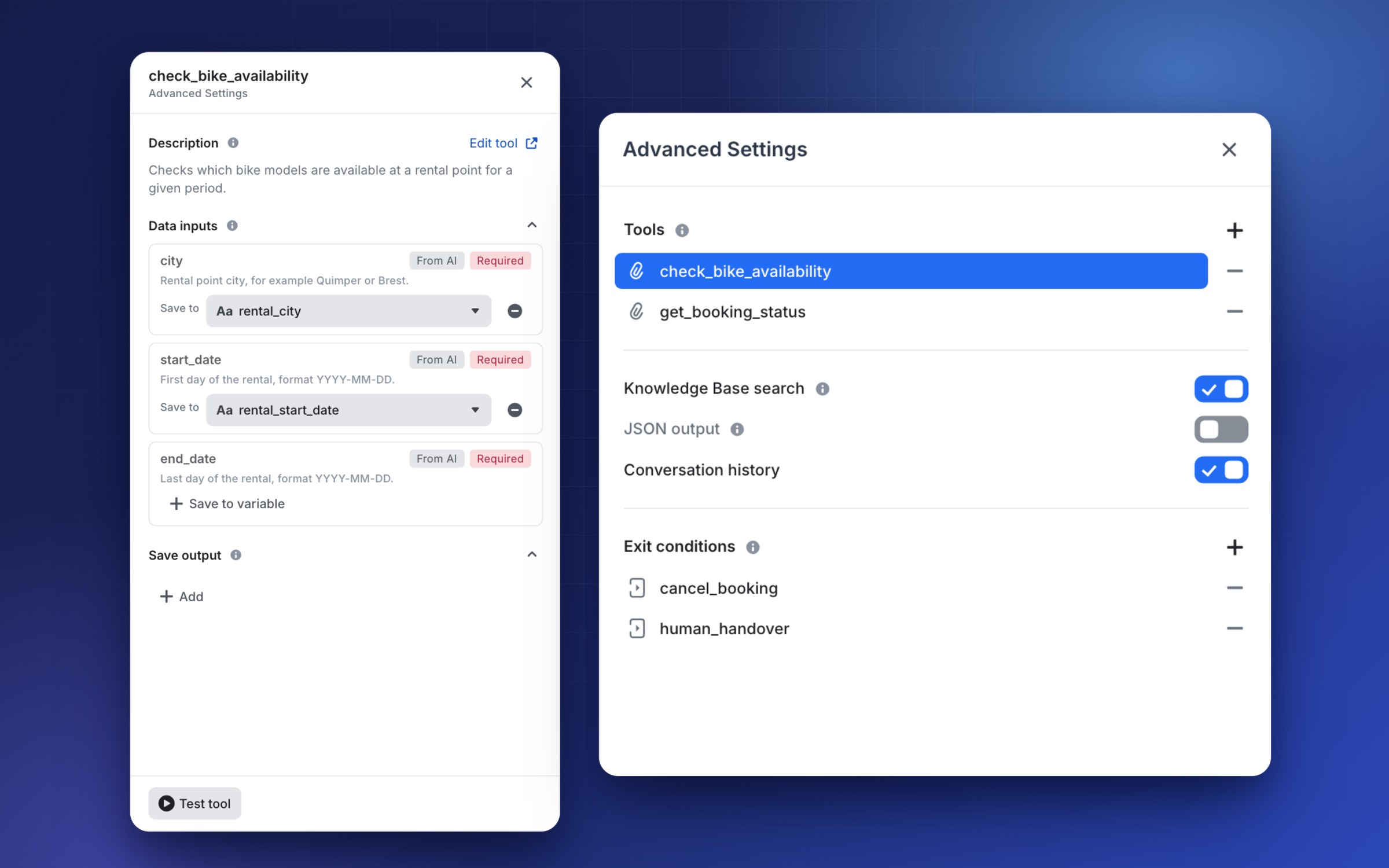A tool's settings, with Save to variable under each data input, next to the Advanced Settings list