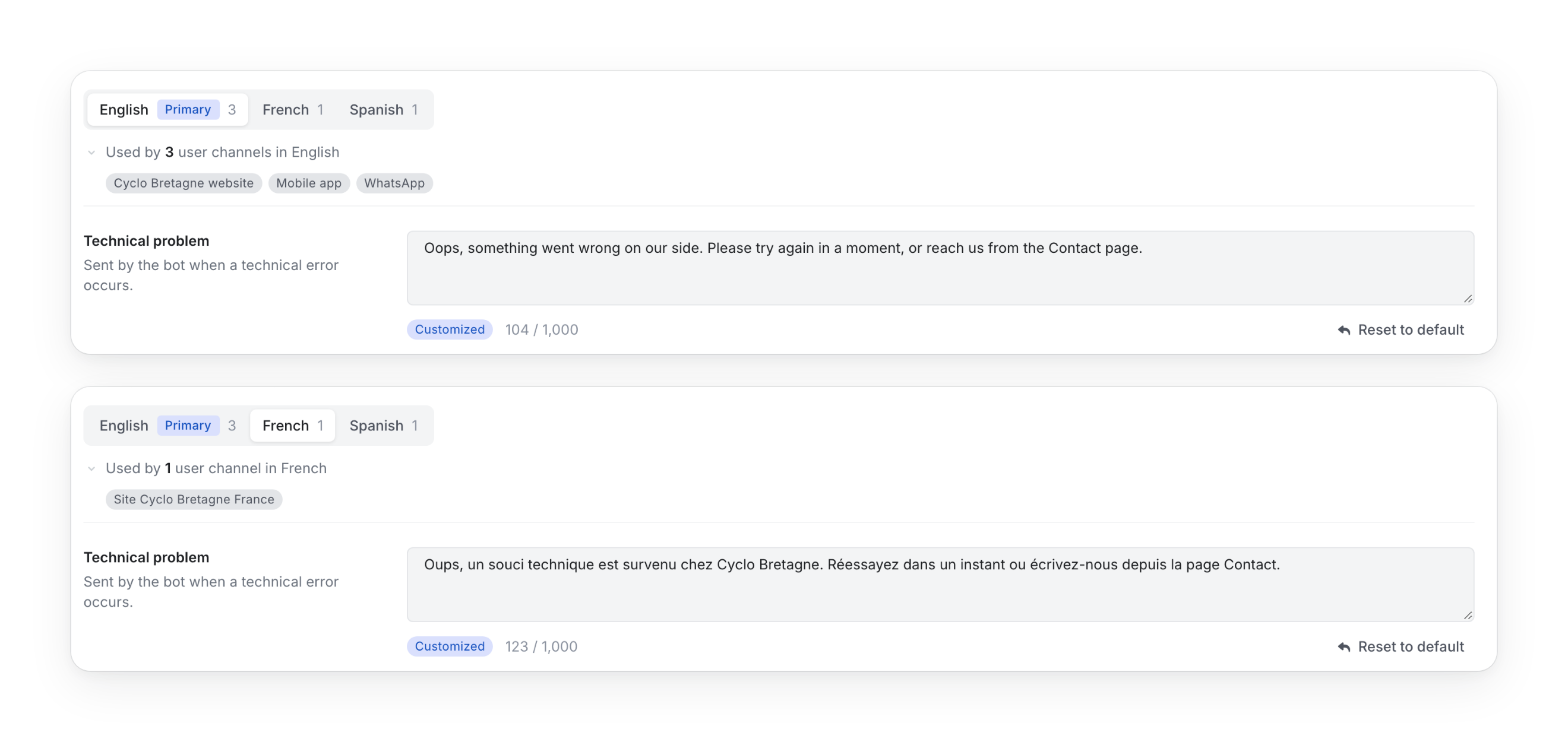 The same message written in English and in French, with the user channels that send each one