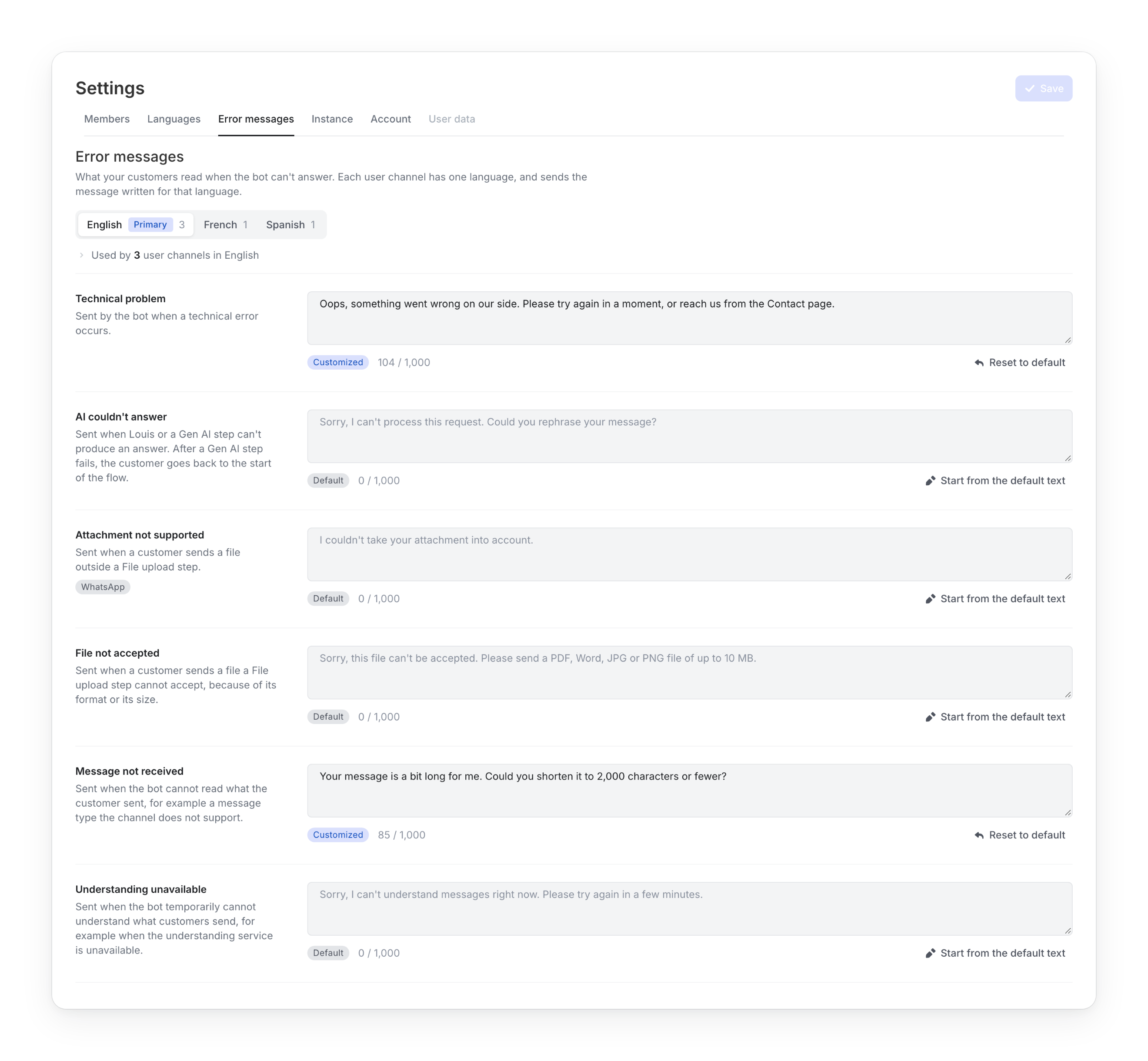 The Error messages tab in Settings, with a message for each situation