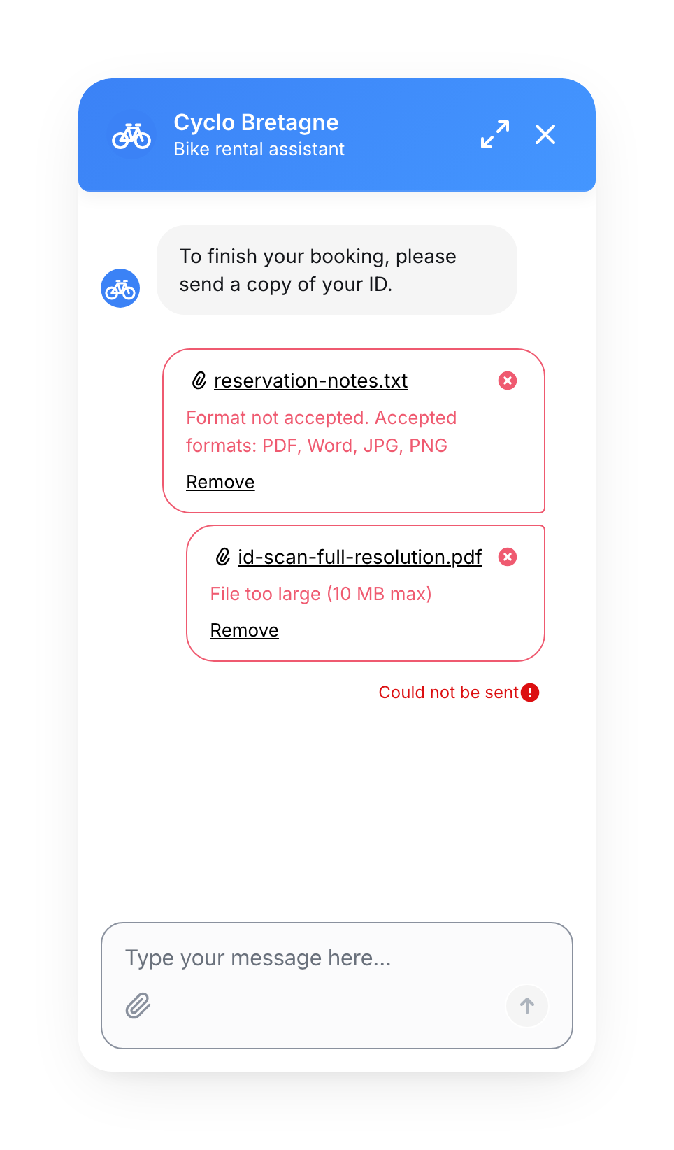 Two refused files in the widget, each with its reason and a Remove button