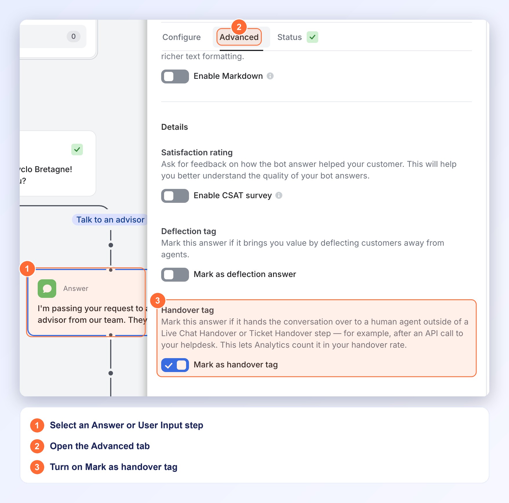 The Handover tag setting in the Advanced tab of an Answer step