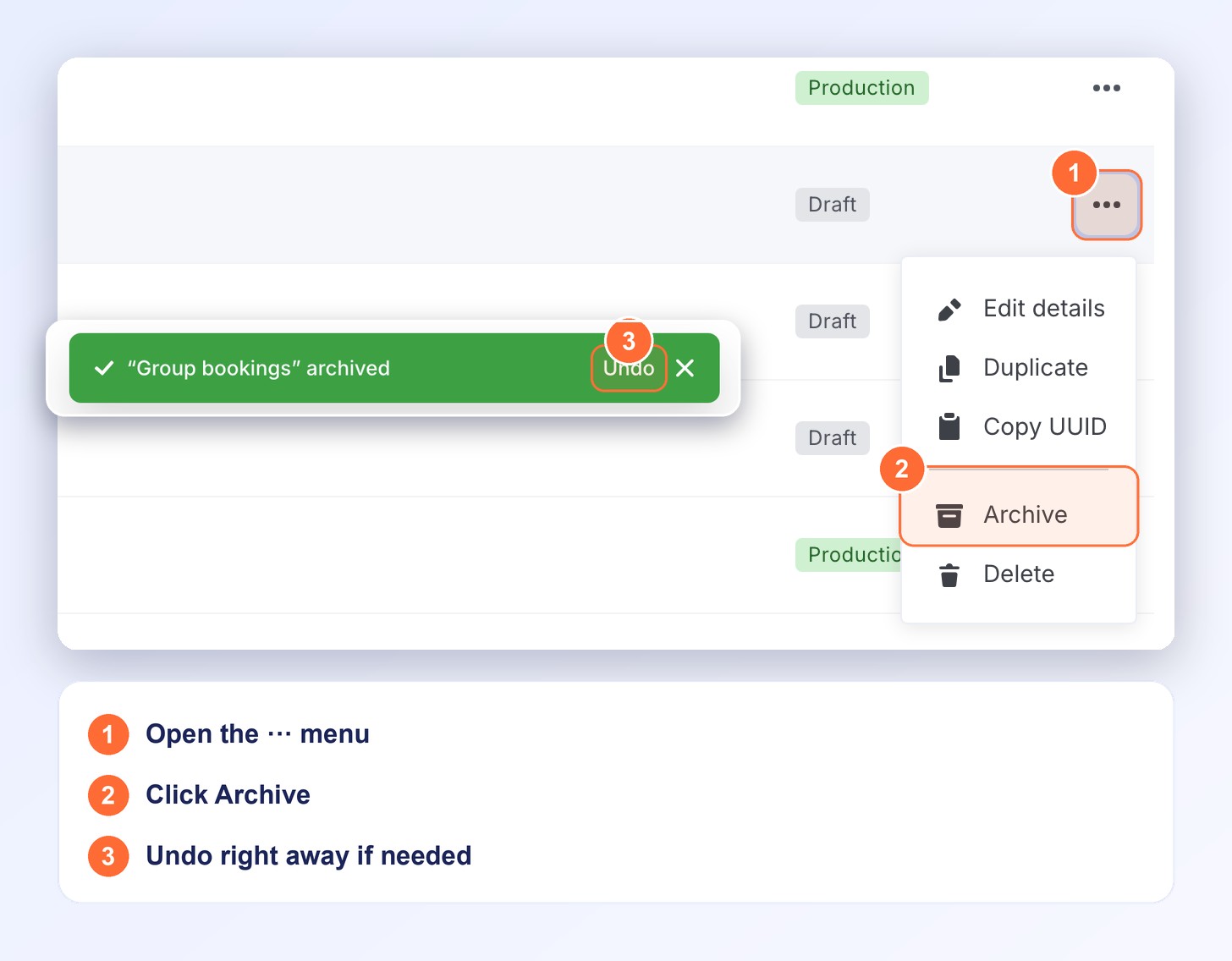 The row menu in the use cases list, with the Archive option