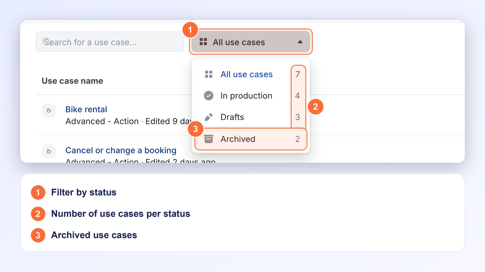 The use cases list status filter, with the number of use cases for each status