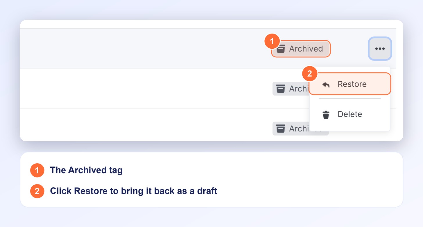 An archived use case, with the Restore option in its menu
