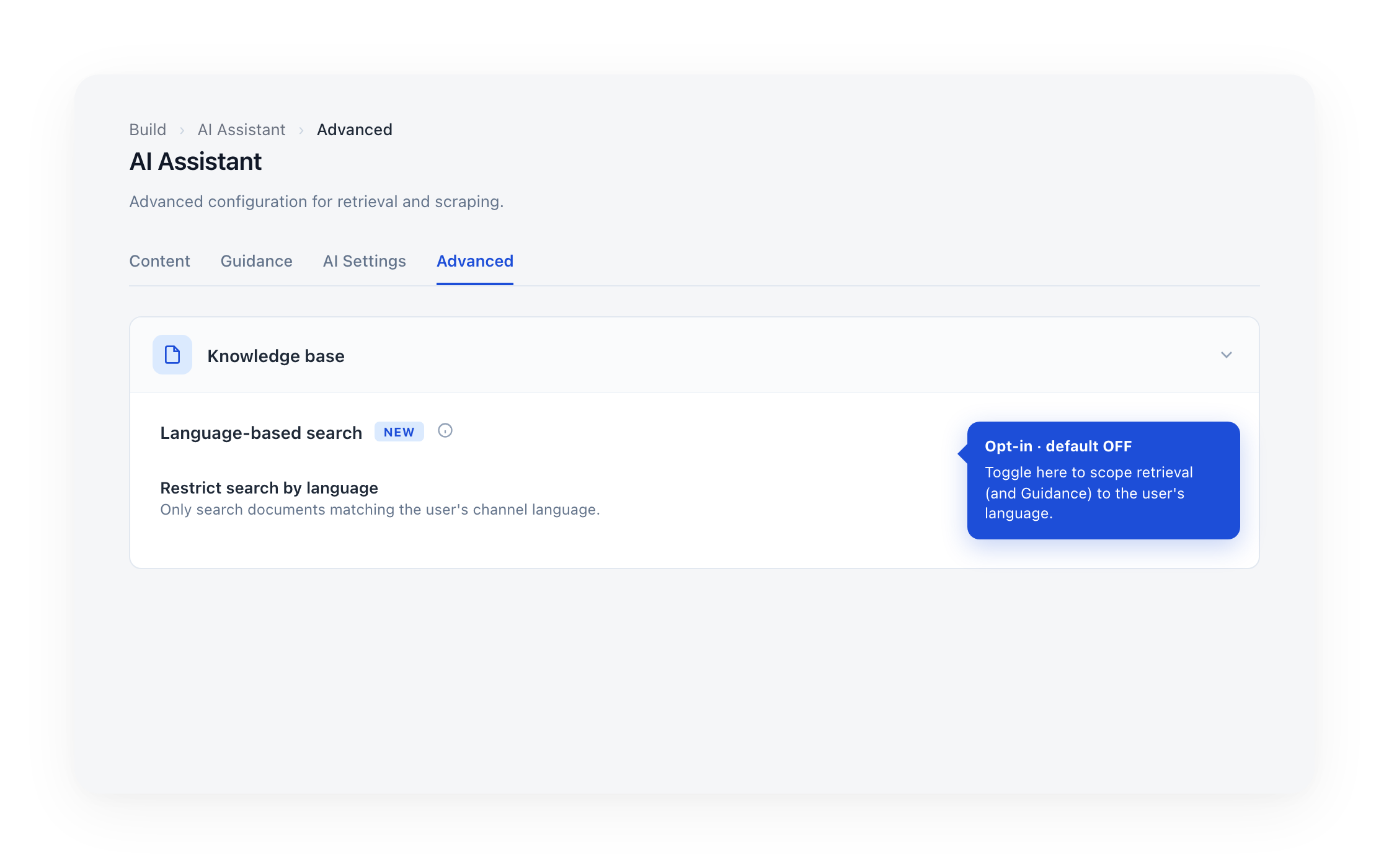 Advanced settings showing the new Language-based search toggle with a New badge