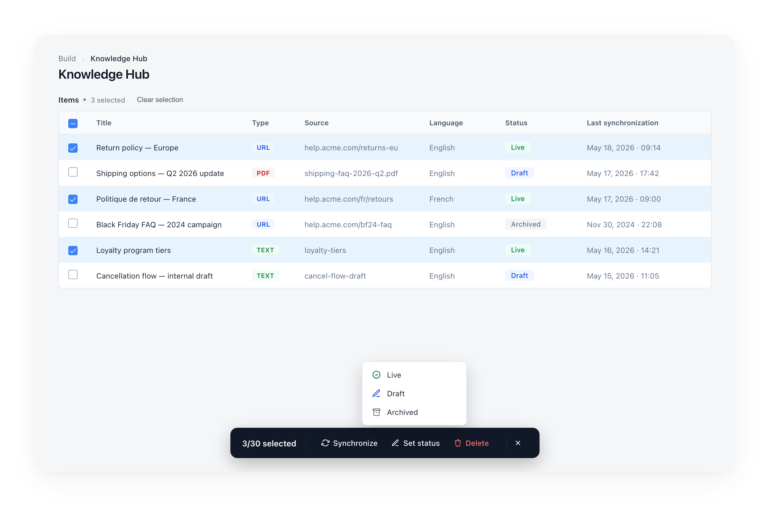 Floating bulk action bar with the Set status popover open